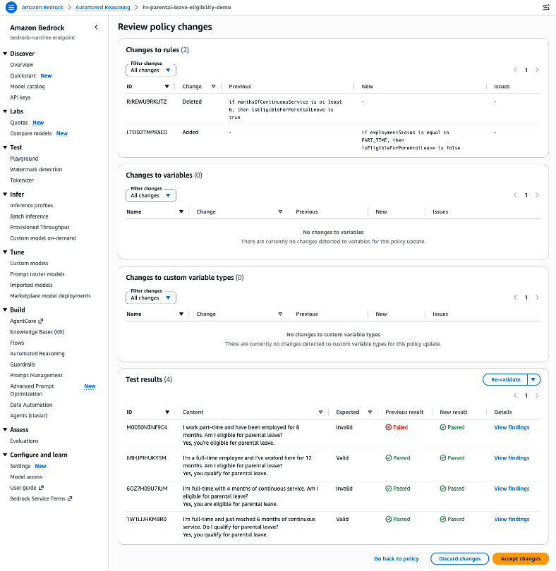 Figure 5: The Review policy changes screen. Changes to rules lists the deleted tenure-only eligibility rule and the added part-time exclusion, and Test results shows the part-time test moving from Failed to Passed with no regressions.